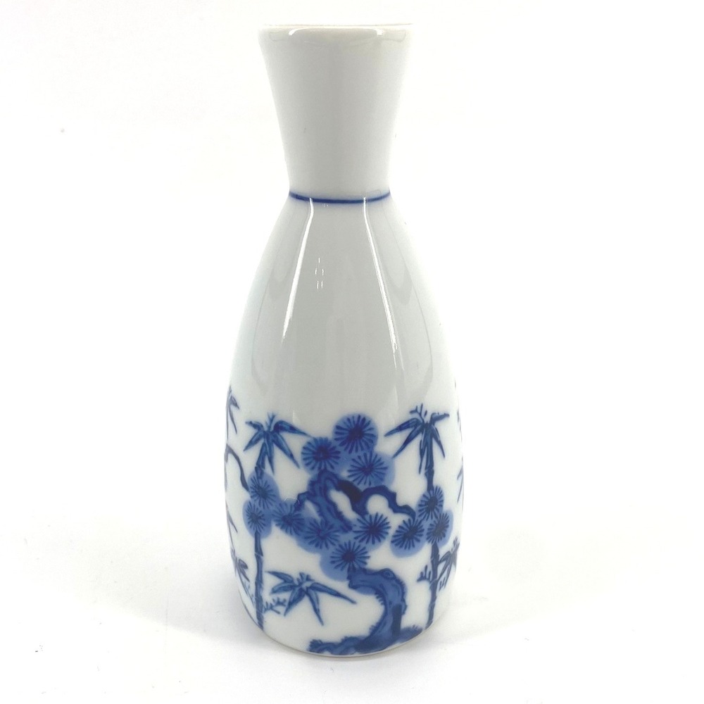 VTG Cobalt Blue And White Japanese Bamboo Blossom Sake Jug Pitcher Bud Vase 5"